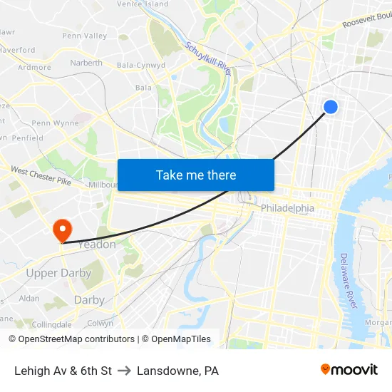 Lehigh Av & 6th St to Lansdowne, PA map