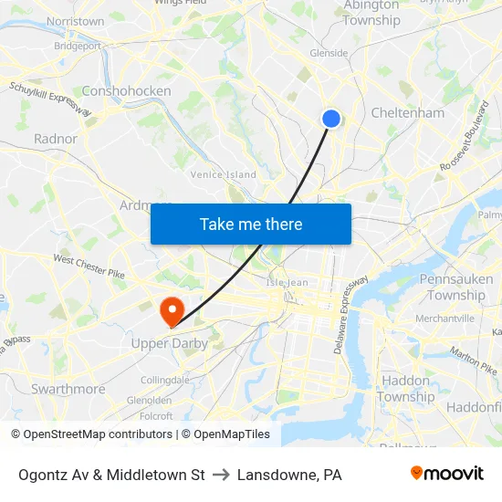 Ogontz Av & Middletown St to Lansdowne, PA map