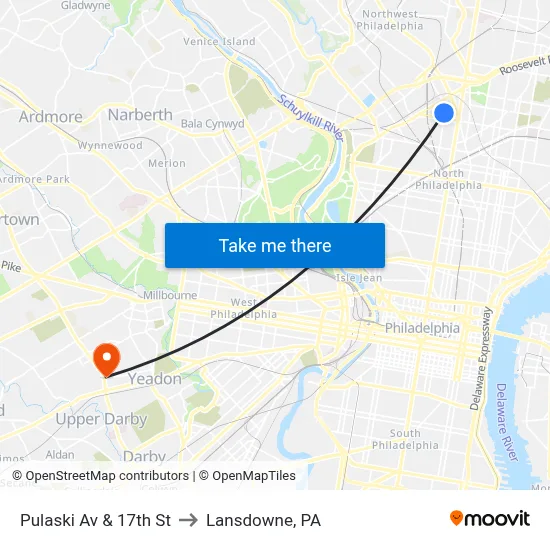 Pulaski Av & 17th St to Lansdowne, PA map