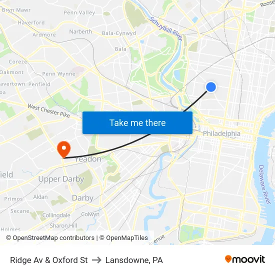 Ridge Av & Oxford St to Lansdowne, PA map