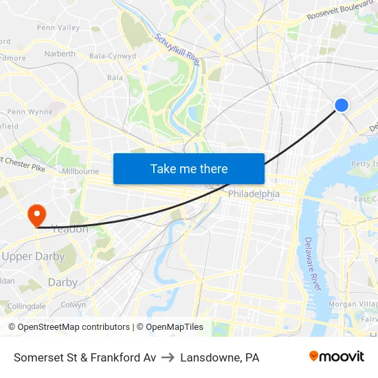 Somerset St & Frankford Av to Lansdowne, PA map