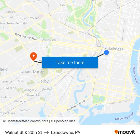 Walnut St & 20th St to Lansdowne, PA map