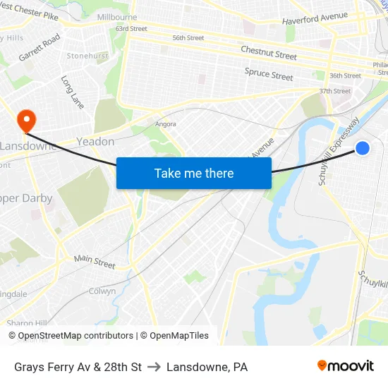 Grays Ferry Av & 28th St to Lansdowne, PA map