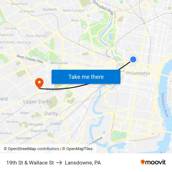 19th St & Wallace St to Lansdowne, PA map