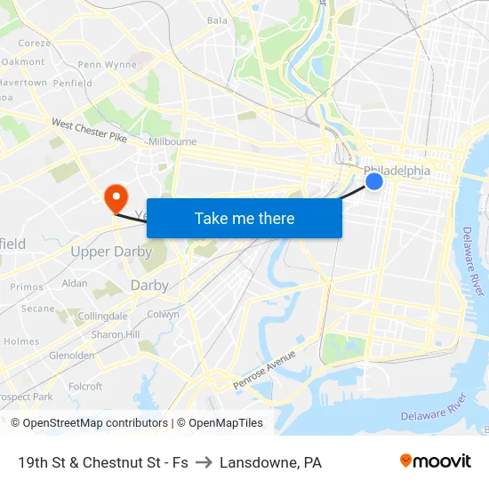 19th St & Chestnut St - Fs to Lansdowne, PA map
