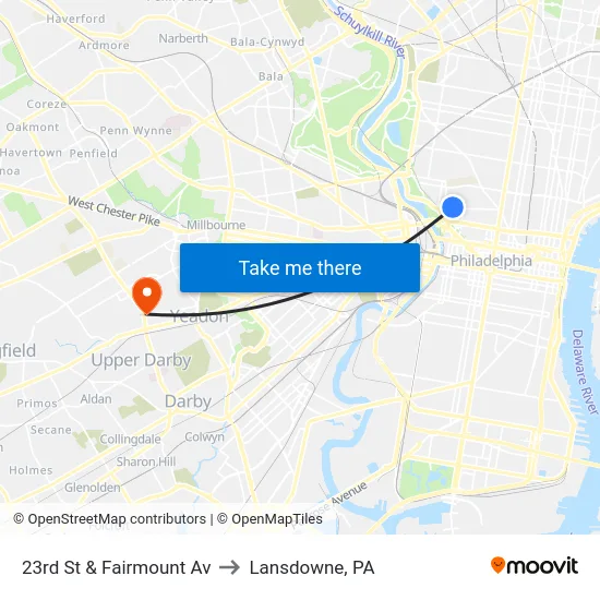 23rd St & Fairmount Av to Lansdowne, PA map