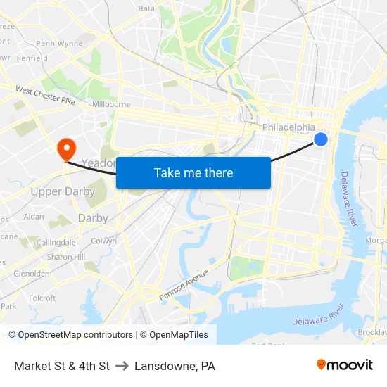 Market St & 4th St to Lansdowne, PA map