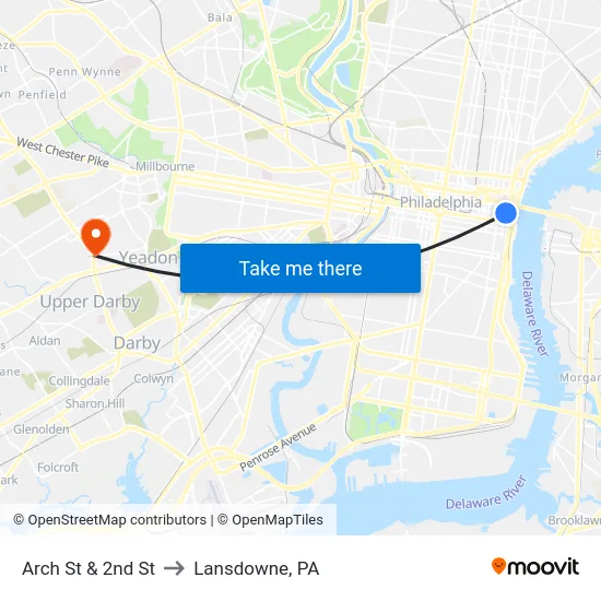 Arch St & 2nd St to Lansdowne, PA map
