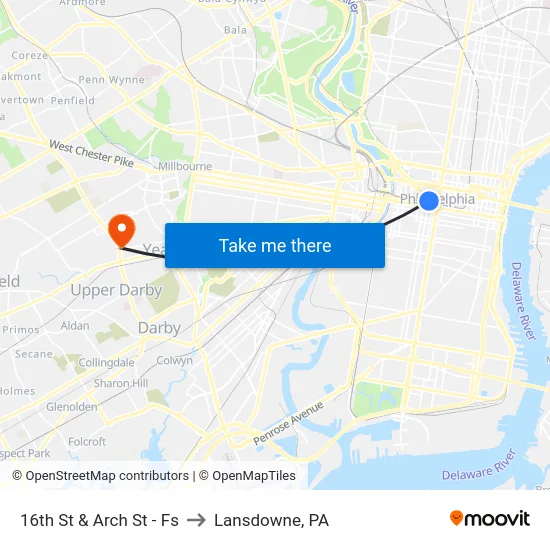 16th St & Arch St - Fs to Lansdowne, PA map