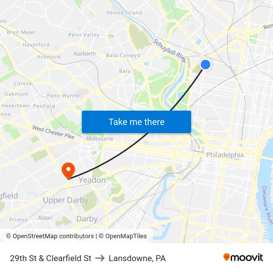 29th St & Clearfield St to Lansdowne, PA map