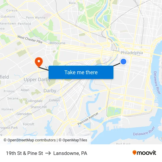 19th St & Pine St to Lansdowne, PA map