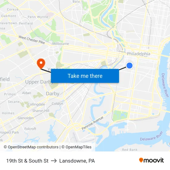 19th St & South St to Lansdowne, PA map