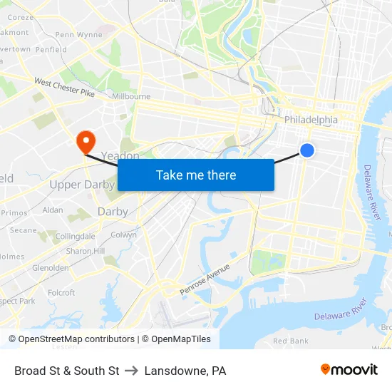 Broad St & South St to Lansdowne, PA map