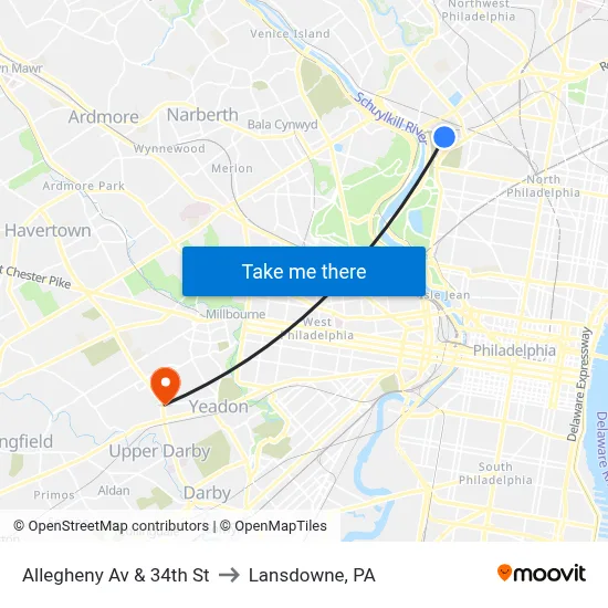 Allegheny Av & 34th St to Lansdowne, PA map