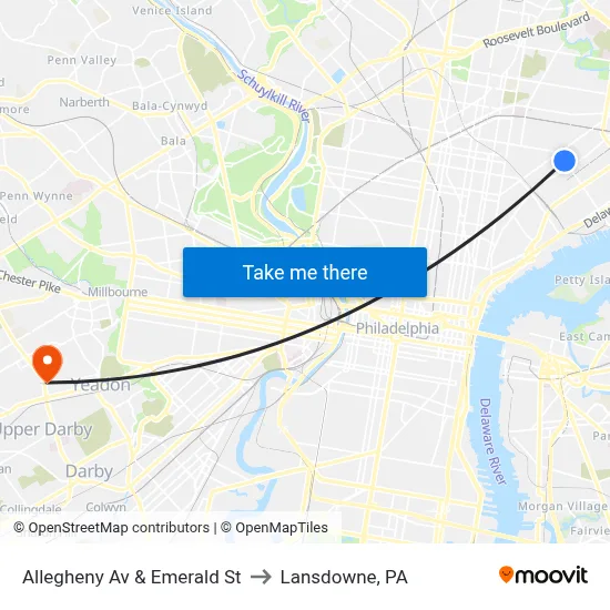 Allegheny Av & Emerald St to Lansdowne, PA map