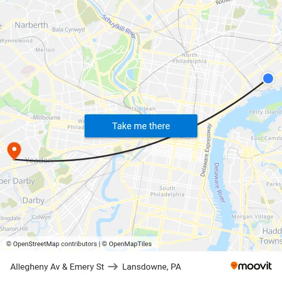 Allegheny Av & Emery St to Lansdowne, PA map