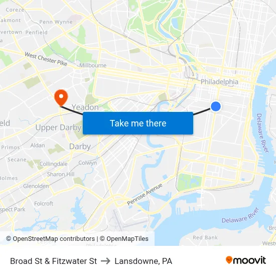 Broad St & Fitzwater St to Lansdowne, PA map