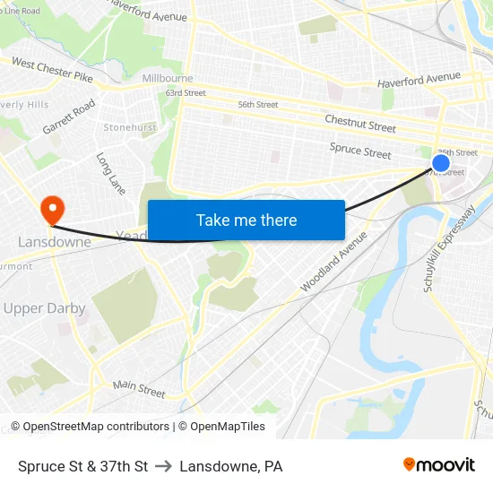 Spruce St & 37th St to Lansdowne, PA map