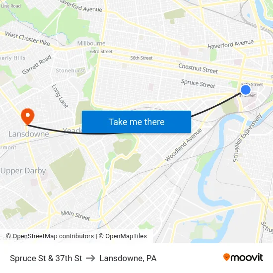 Spruce St & 37th St to Lansdowne, PA map