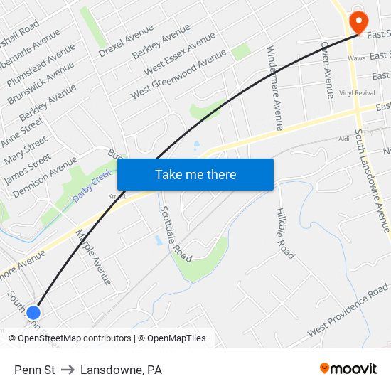 Penn St to Lansdowne, PA map