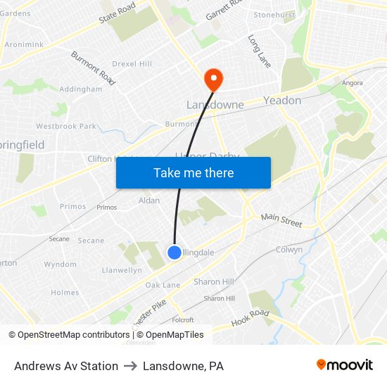 Andrews Av Station to Lansdowne, PA map