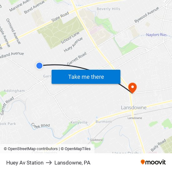 Huey Av Station to Lansdowne, PA map