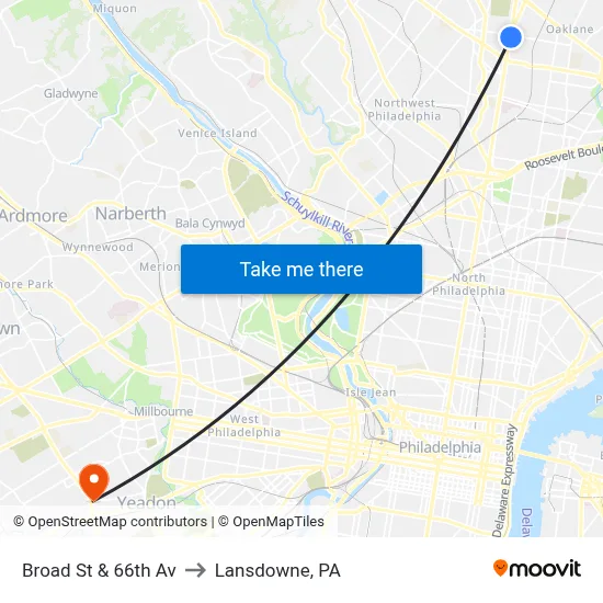 Broad St & 66th Av to Lansdowne, PA map