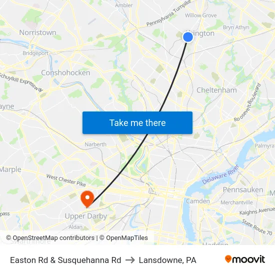 Easton Rd & Susquehanna Rd to Lansdowne, PA map