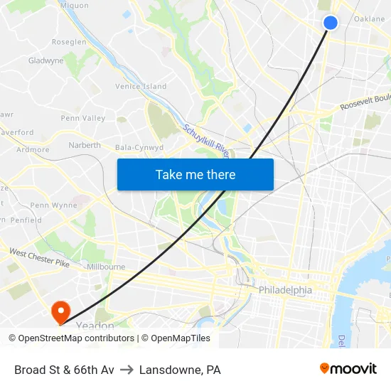 Broad St & 66th Av to Lansdowne, PA map