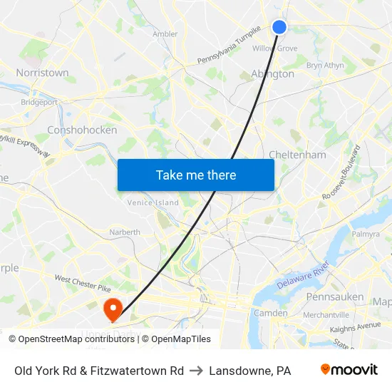 Old York Rd & Fitzwatertown Rd to Lansdowne, PA map