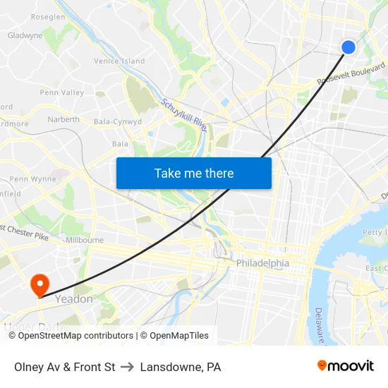Olney Av & Front St to Lansdowne, PA map