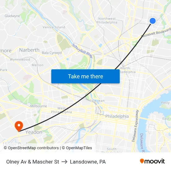 Olney Av & Mascher St to Lansdowne, PA map