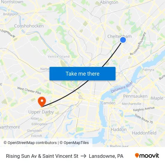 Rising Sun Av & Saint Vincent St to Lansdowne, PA map