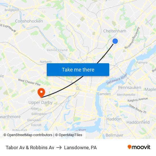 Tabor Av & Robbins Av to Lansdowne, PA map