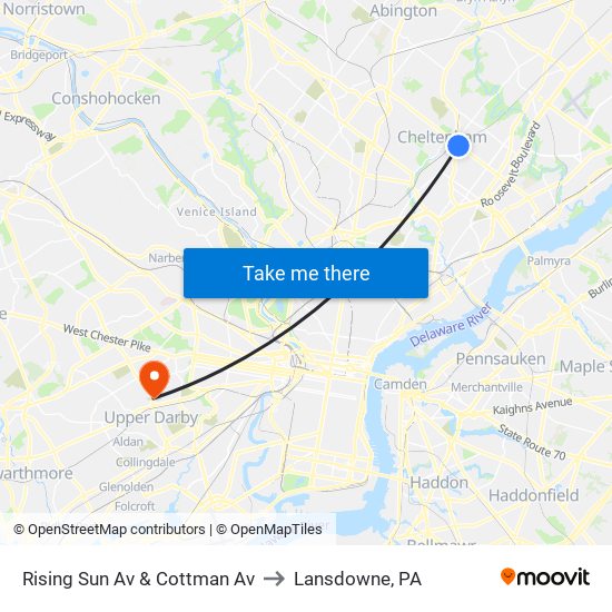 Rising Sun Av & Cottman Av to Lansdowne, PA map