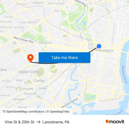 Vine St & 20th St to Lansdowne, PA map