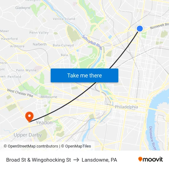 Broad St & Wingohocking St to Lansdowne, PA map