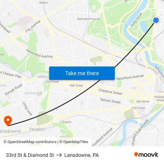 33rd St & Diamond St to Lansdowne, PA map