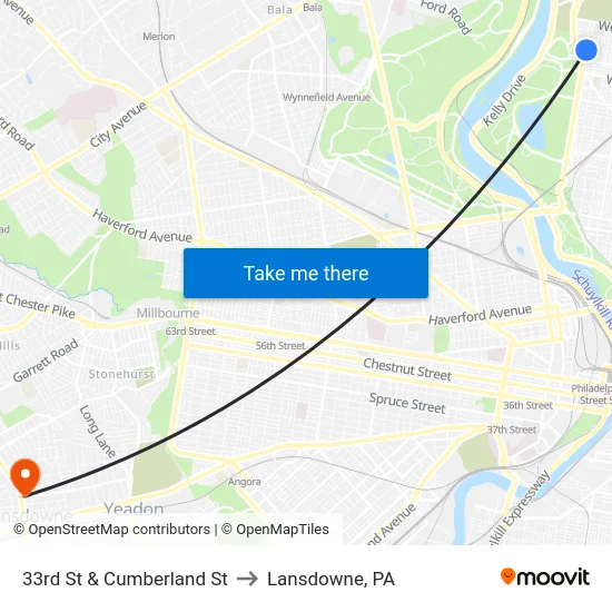 33rd St & Cumberland St to Lansdowne, PA map