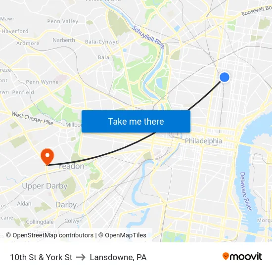 10th St & York St to Lansdowne, PA map
