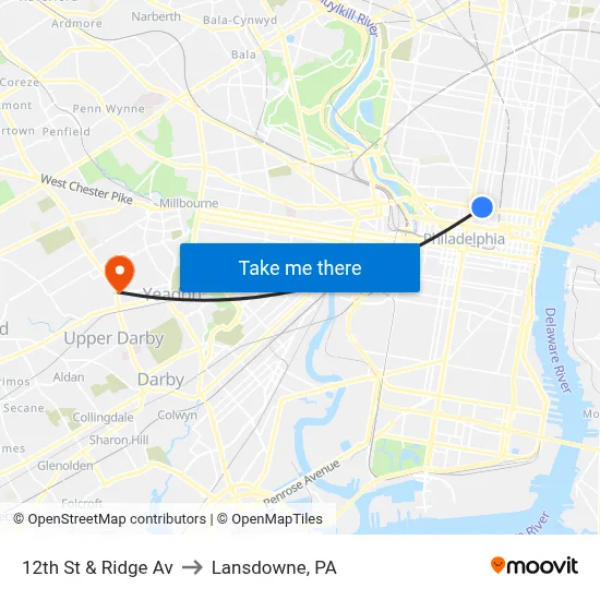 12th St & Ridge Av to Lansdowne, PA map