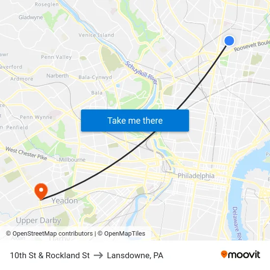 10th St & Rockland St to Lansdowne, PA map