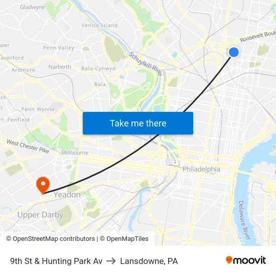 9th St & Hunting Park Av to Lansdowne, PA map