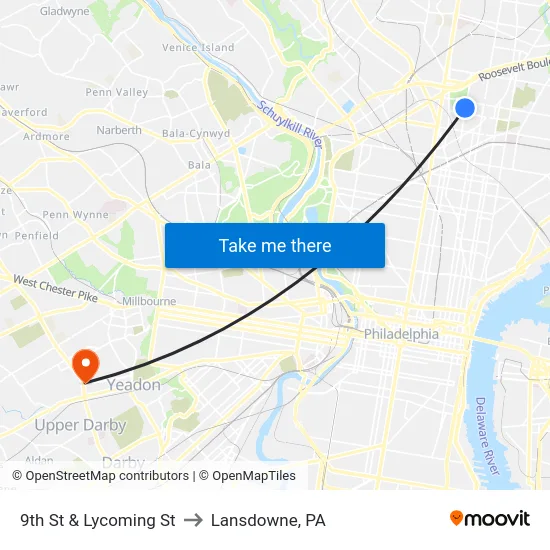 9th St & Lycoming St to Lansdowne, PA map