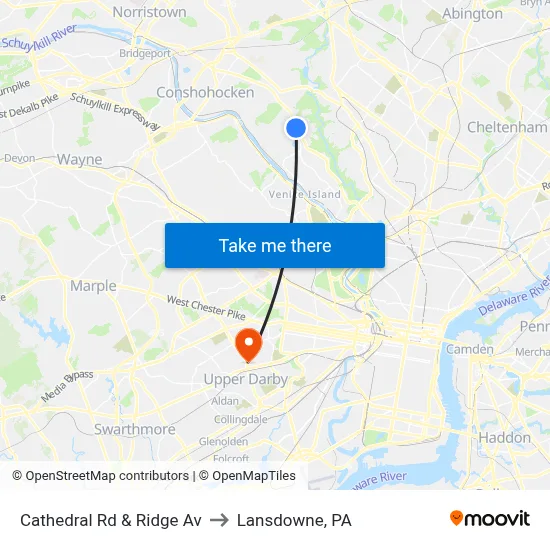 Cathedral Rd & Ridge Av to Lansdowne, PA map