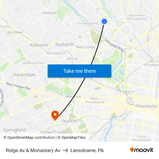 Ridge Av & Monastary Av to Lansdowne, PA map