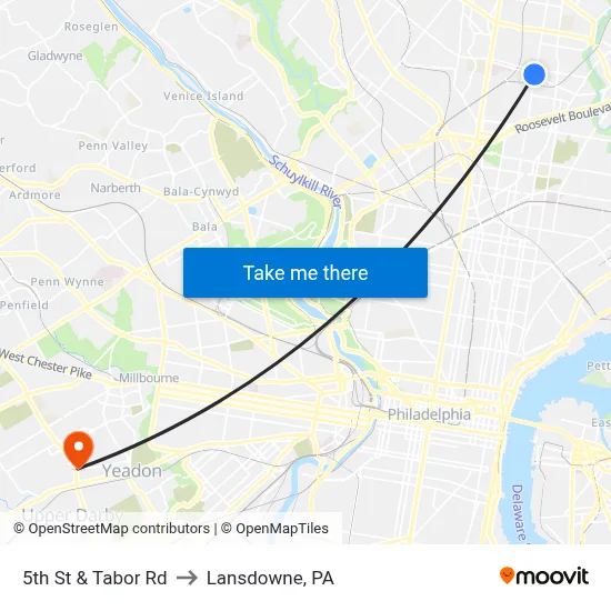 5th St & Tabor Rd to Lansdowne, PA map