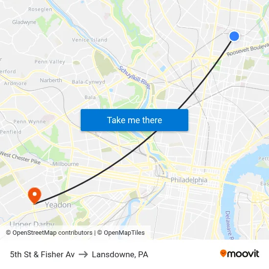 5th St & Fisher Av to Lansdowne, PA map