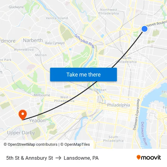 5th St & Annsbury St to Lansdowne, PA map