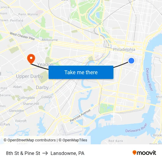 8th St & Pine St to Lansdowne, PA map